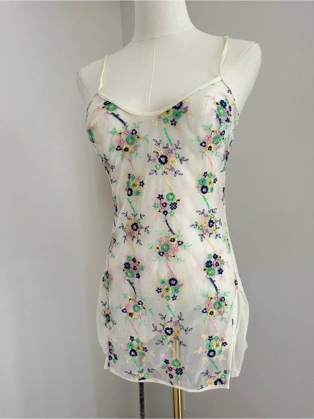 La Perla Ivory Sheer top chemise with Multicolor Floral Embroidery